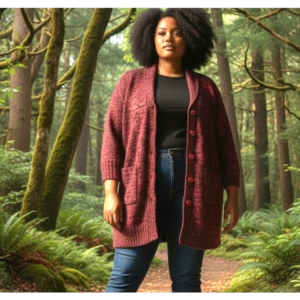 BFA CLASSICS Knit Cardigan Sweater NWOT Red Black Shawl Collar 4X Pockets Boho